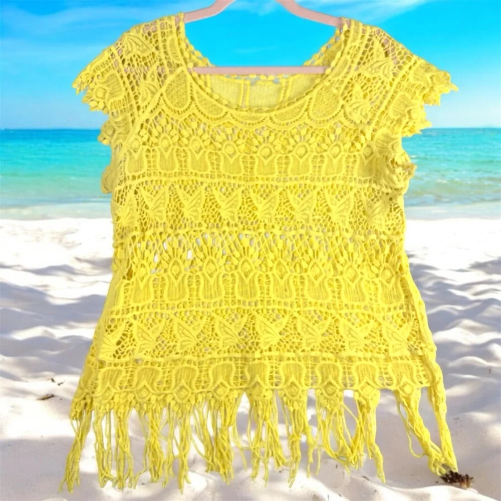 Unbranded Yellow Crochet Fringe Crop Top S/M - Picture 1 of 7
